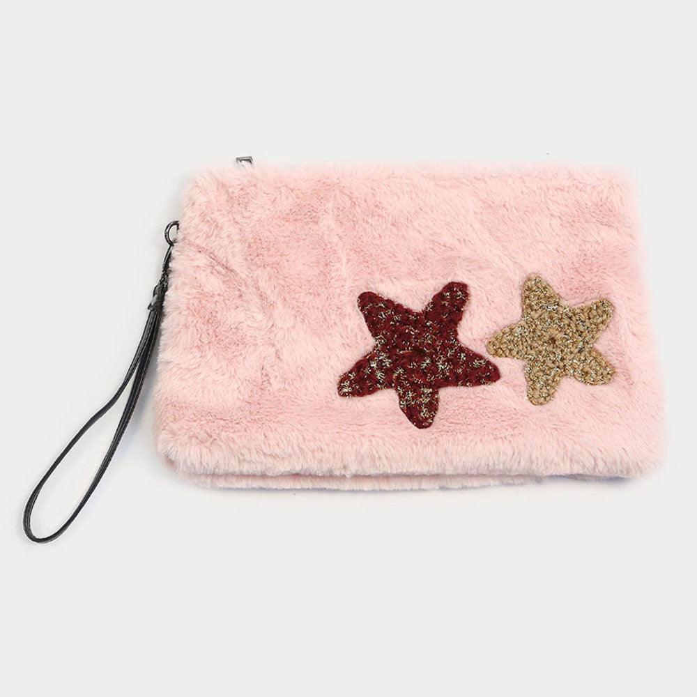 Star Patches Fuzzy Faux Fur Wristlet Clutch Bag - Jewelry Store by Erik Rayo