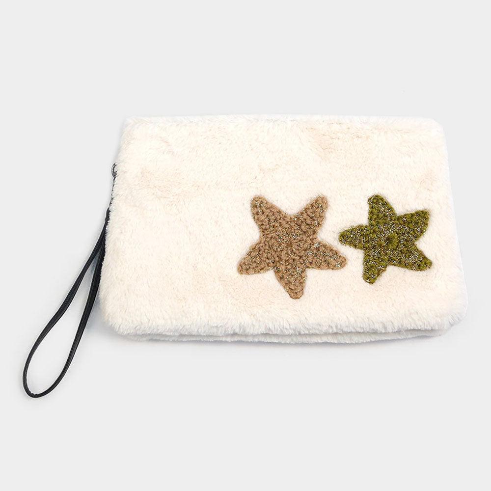 Star Patches Fuzzy Faux Fur Wristlet Clutch Bag