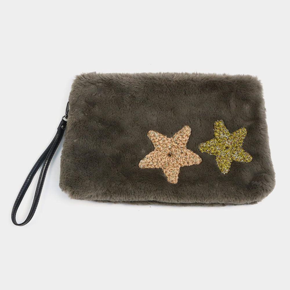 Star Patches Fuzzy Faux Fur Wristlet Clutch Bag - Jewelry Store by Erik Rayo