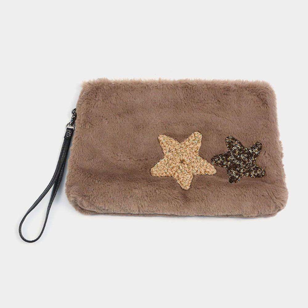 Star Patches Fuzzy Faux Fur Wristlet Clutch Bag - Jewelry Store by Erik Rayo