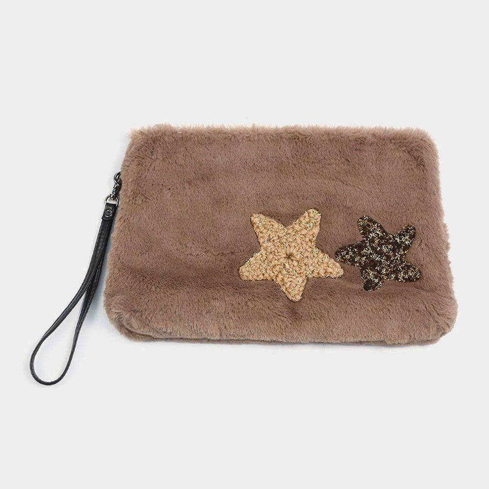 Star Patches Fuzzy Faux Fur Wristlet Clutch Bag