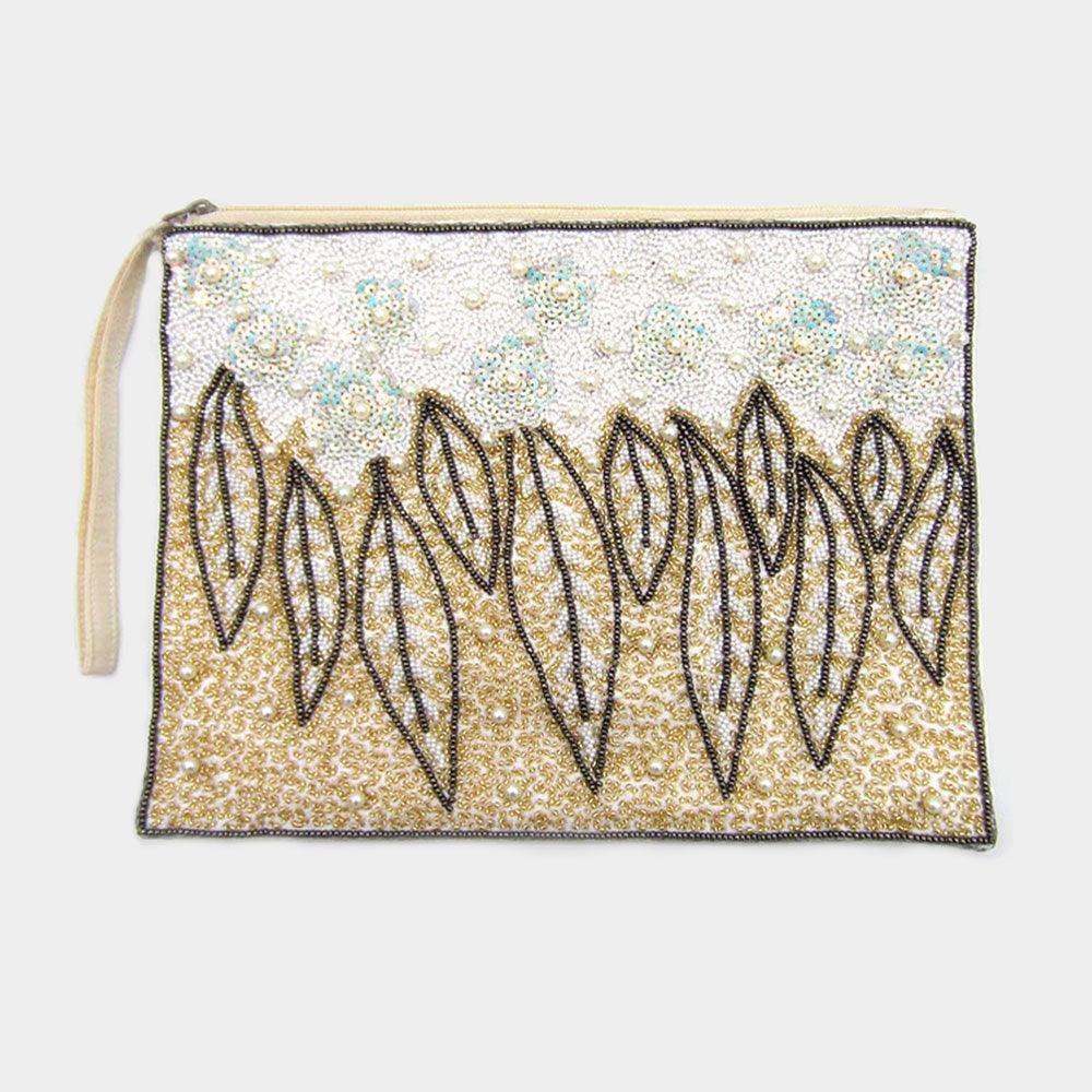 Pearl Sequin Flower Seed Beaded Leaf Wristlet Clutch Bag - Jewelry Store by Erik Rayo