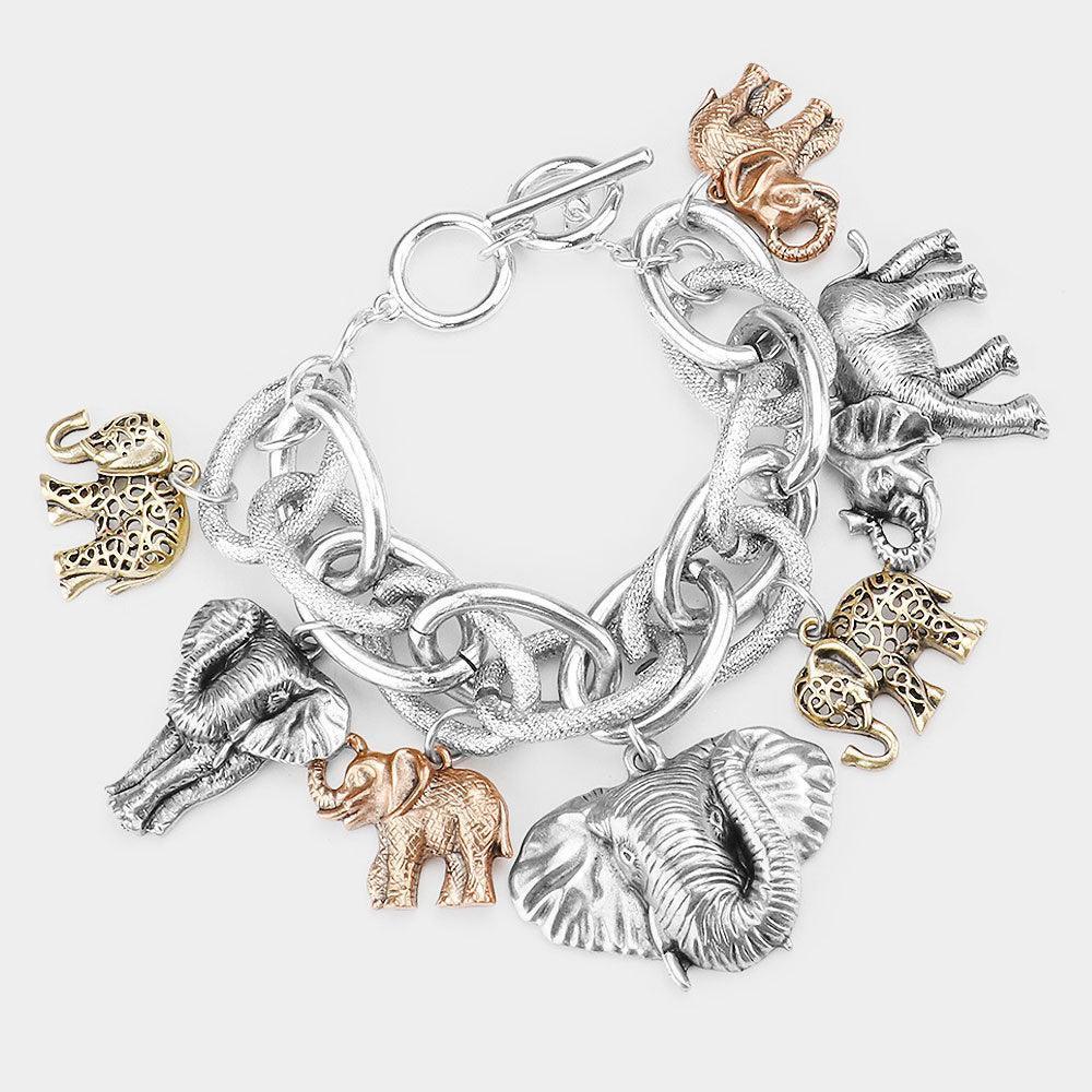 Three Tone Metal Elephant Charm Toggle Bracelet - Jewelry Store by Erik Rayo