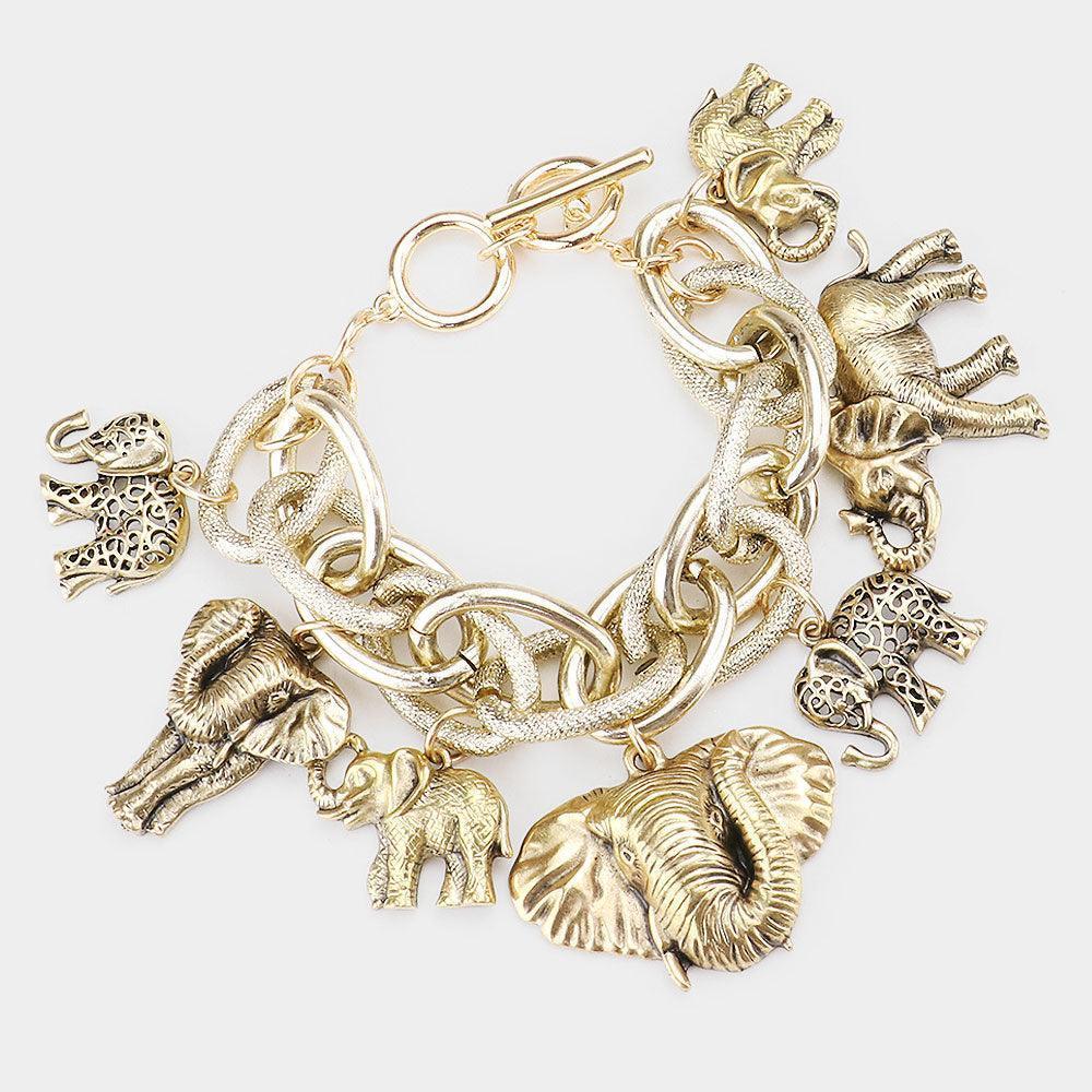 Gold Metal Elephant Charm Toggle Bracelet - Jewelry Store by Erik Rayo