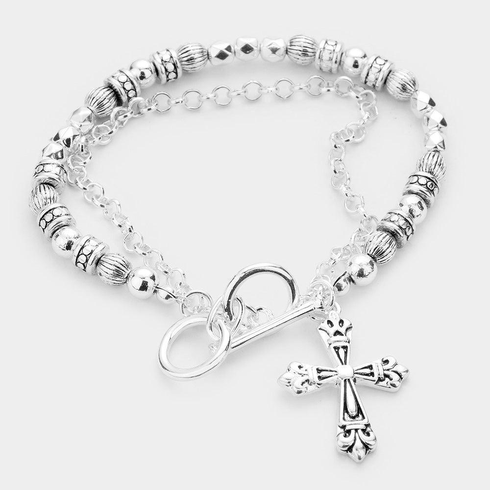 Silver Antique Metal Cross Charm Toggle Bracelet - Jewelry Store by Erik Rayo