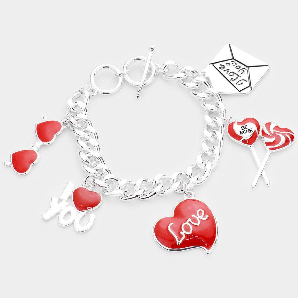 Red I Love You Heart Charm Toggle Bracelet