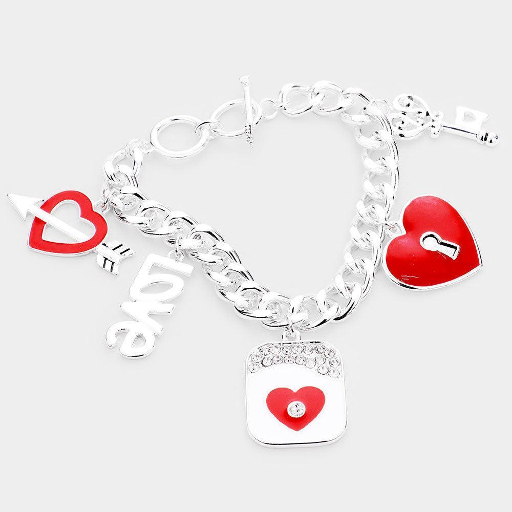 Red Love Heart Lock Key Charm Toggle Bracelet - Jewelry Store by Erik Rayo