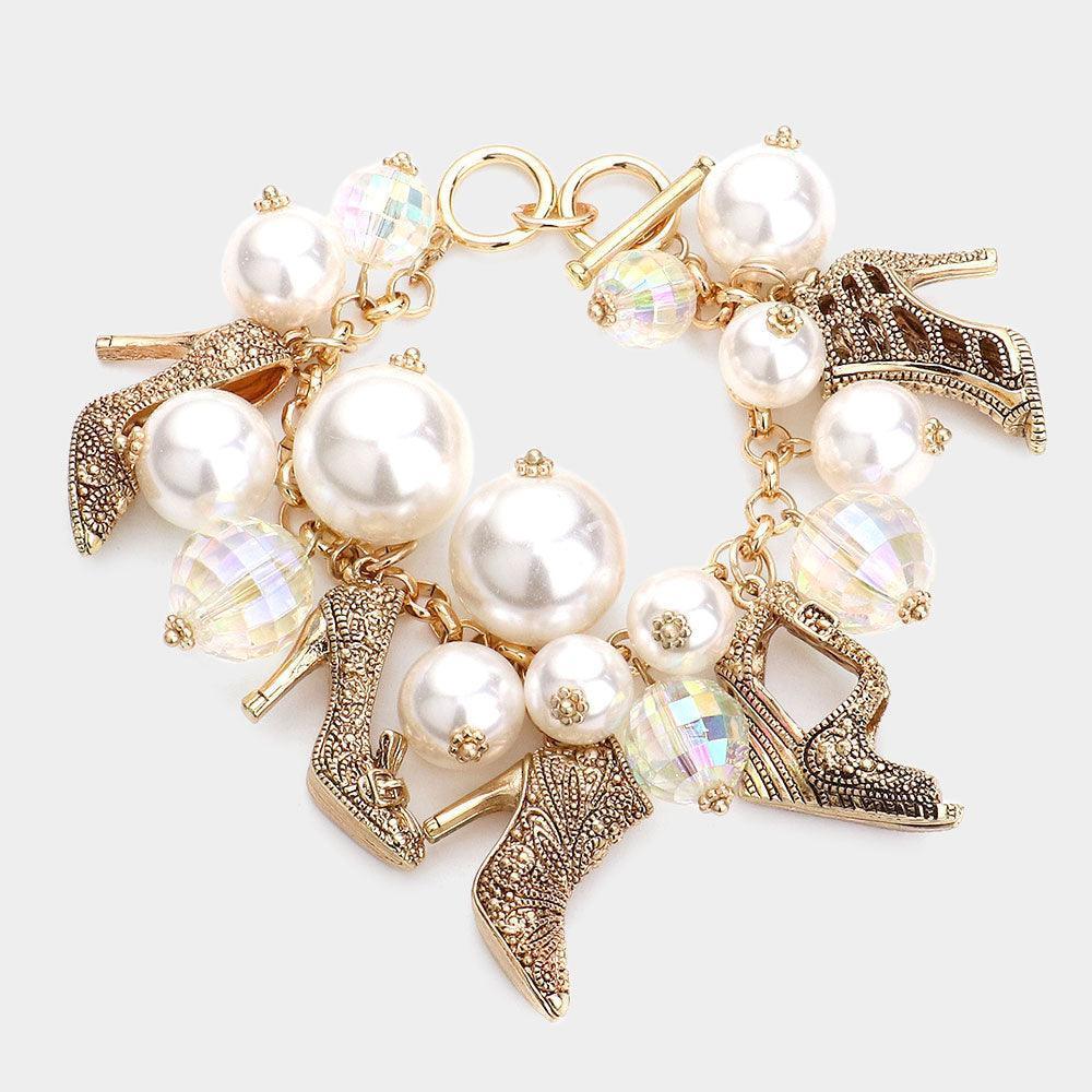 Gold Metal Stiletto Heel Charm Station Pearl Cluster Toggle Bracelet - Jewelry Store by Erik Rayo