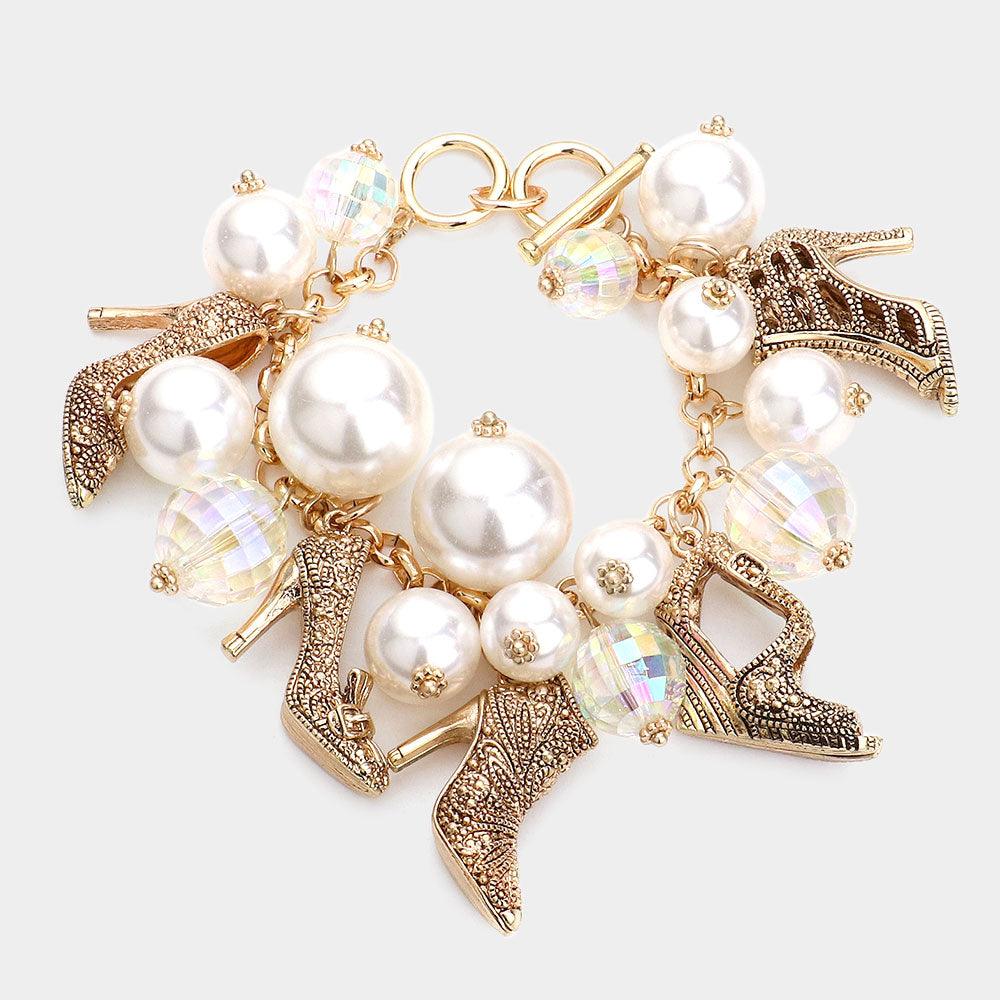 Gold Metal Stiletto Heel Charm Station Pearl Cluster Toggle Bracelet