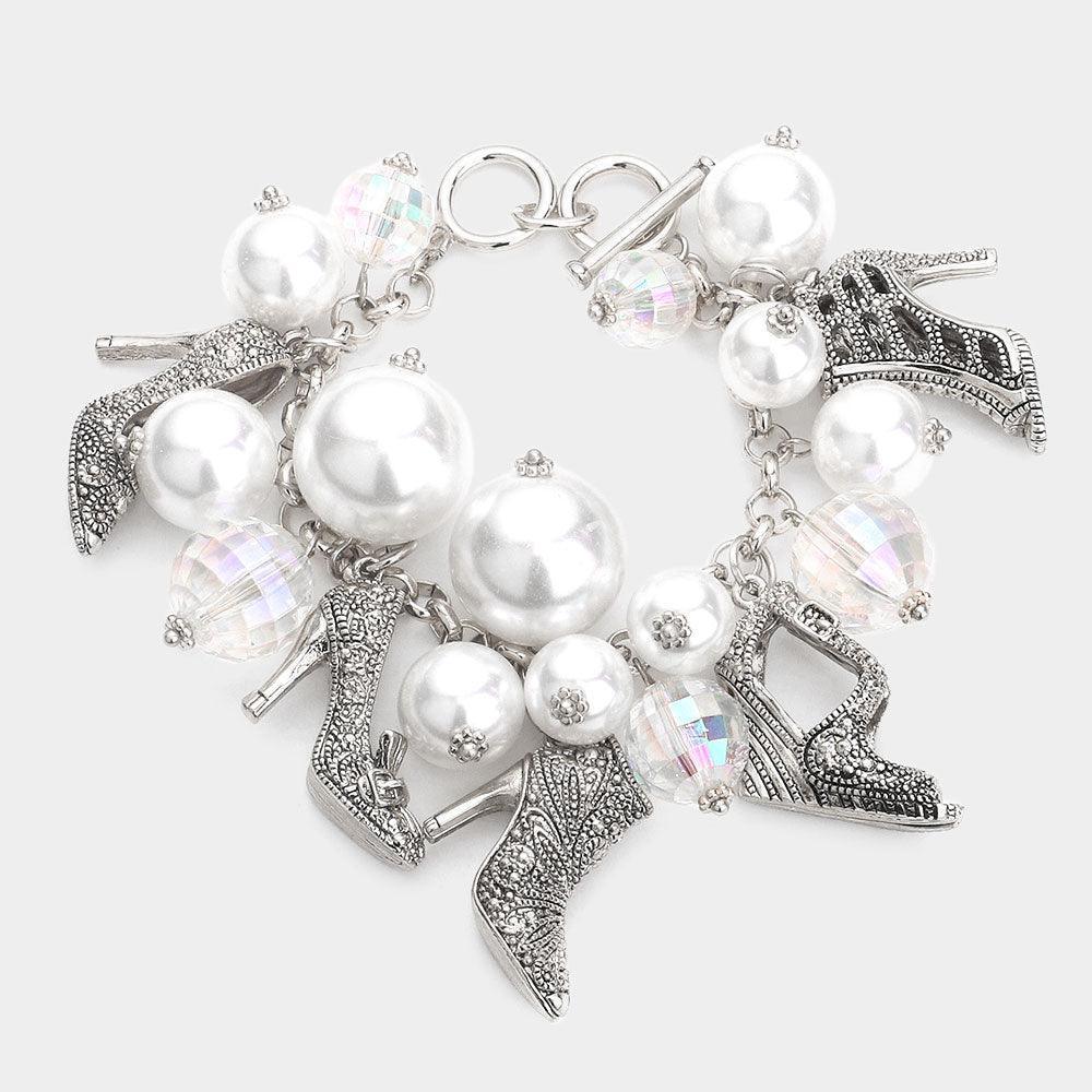 Metal Stiletto Heel Charm Station Pearl Cluster Toggle Bracelet - Jewelry Store by Erik Rayo