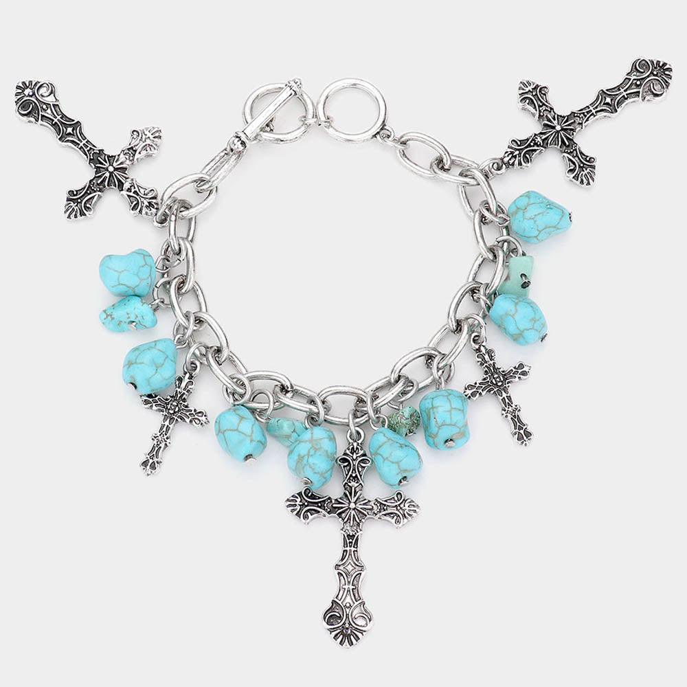 Turquoise Turquoise Antique Metal Cross Charm Station Toggle Bracelet