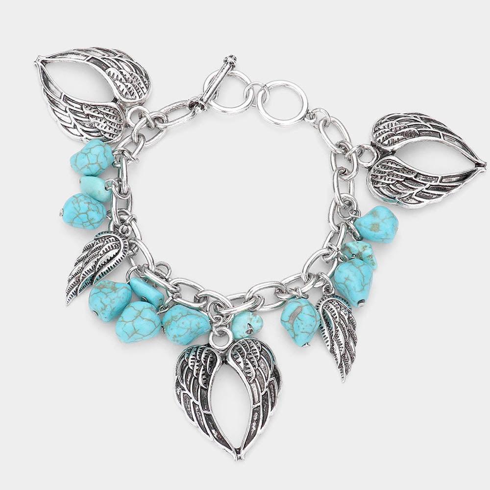 Silver Turquoise Antique Metal Angel Wing Charm Station Toggle Bracelet - Jewelry Store by Erik Rayo