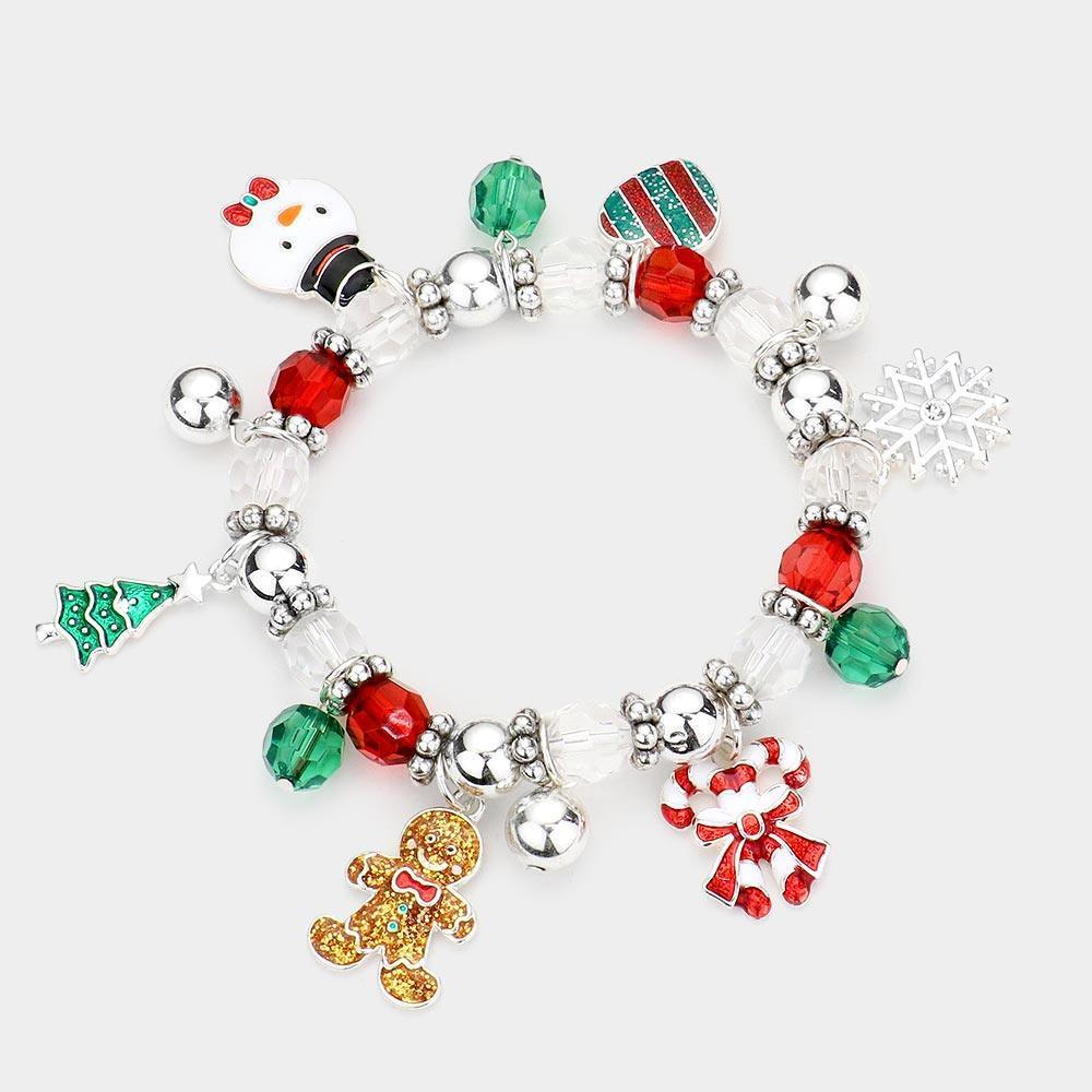 Gingerbread Man Snowman Candy Cane Christmas Tree Snowflake Heart Charm Station Stretch Bracelet - Jewelry Store by Erik Rayo