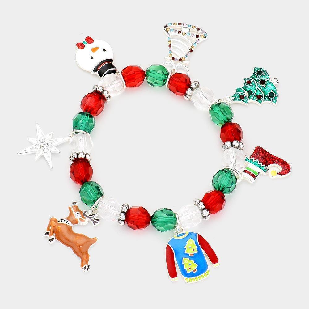 Rudolph Jingle Bell Snowman Christmas Tree Charm Station Stretch Bracelet - Jewelry Store by Erik Rayo