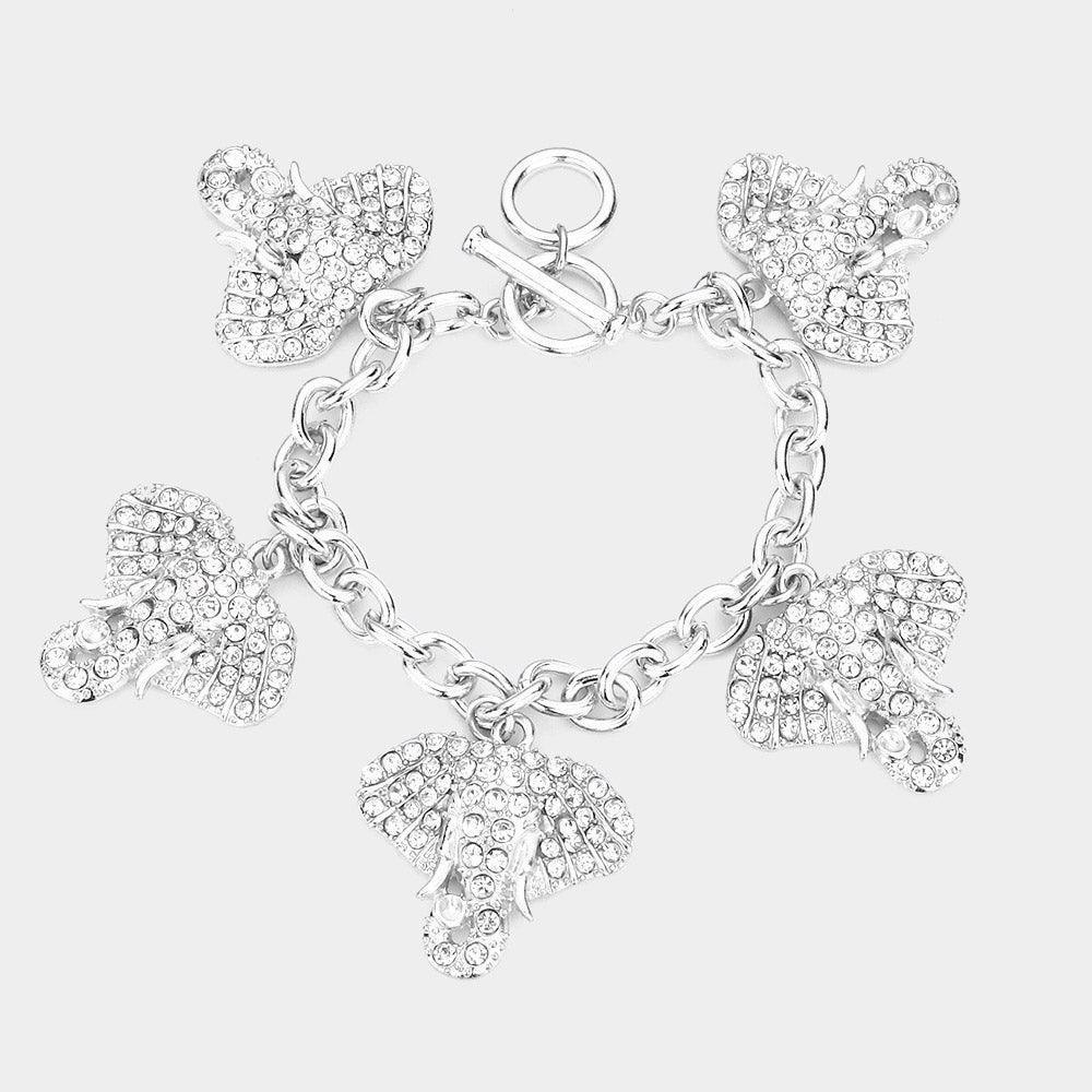 Silver Rhinestone Embellished Elephant Charm Station Toggle Bracelet - Jewelry Store by Erik Rayo