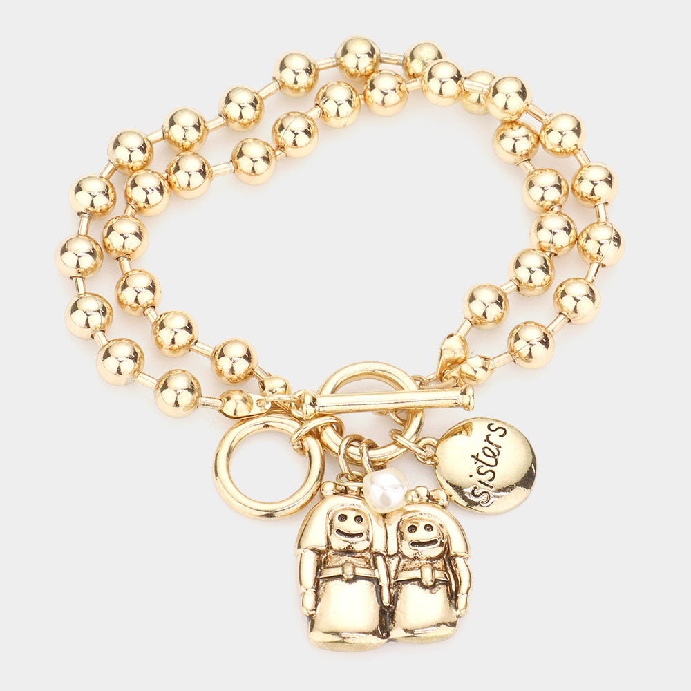 Gold Sister Pearl Charm Toggle Bracelet