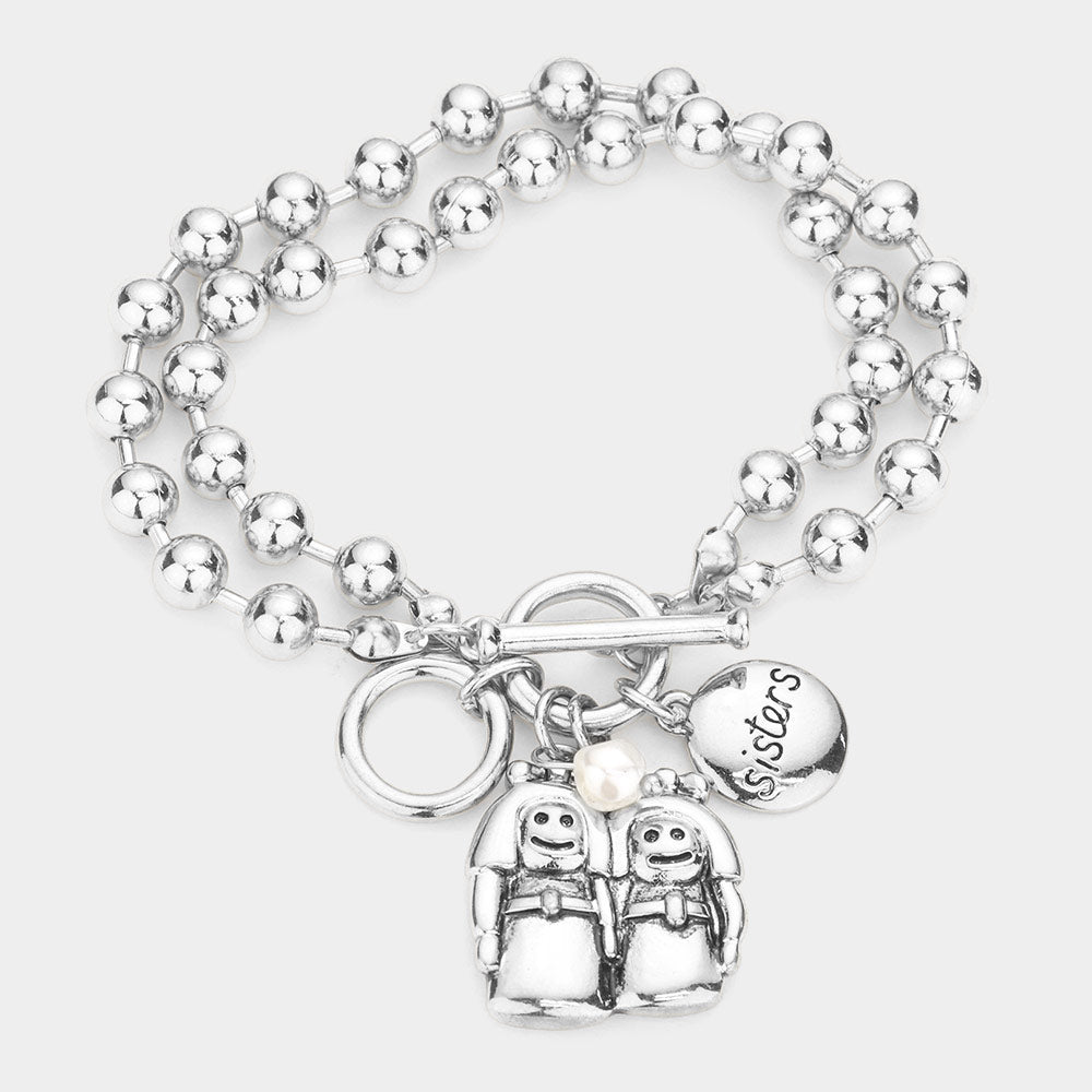 Silver Sister Pearl Charm Toggle Bracelet