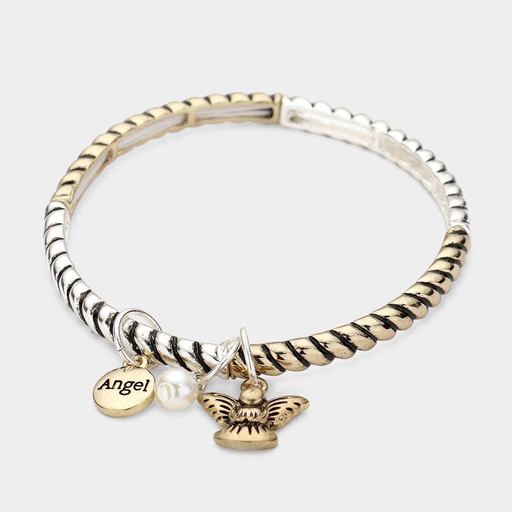 Two Tone Pearl Angel Charm Stretch Bracelet