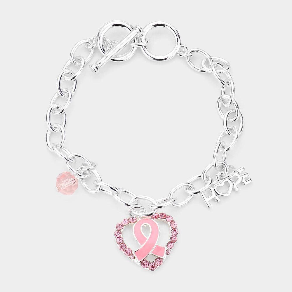 Pink Enamel Pink Ribbon Centered Stone Embellished Open Heart Charm Toggle Bracelet - Jewelry Store by Erik Rayo