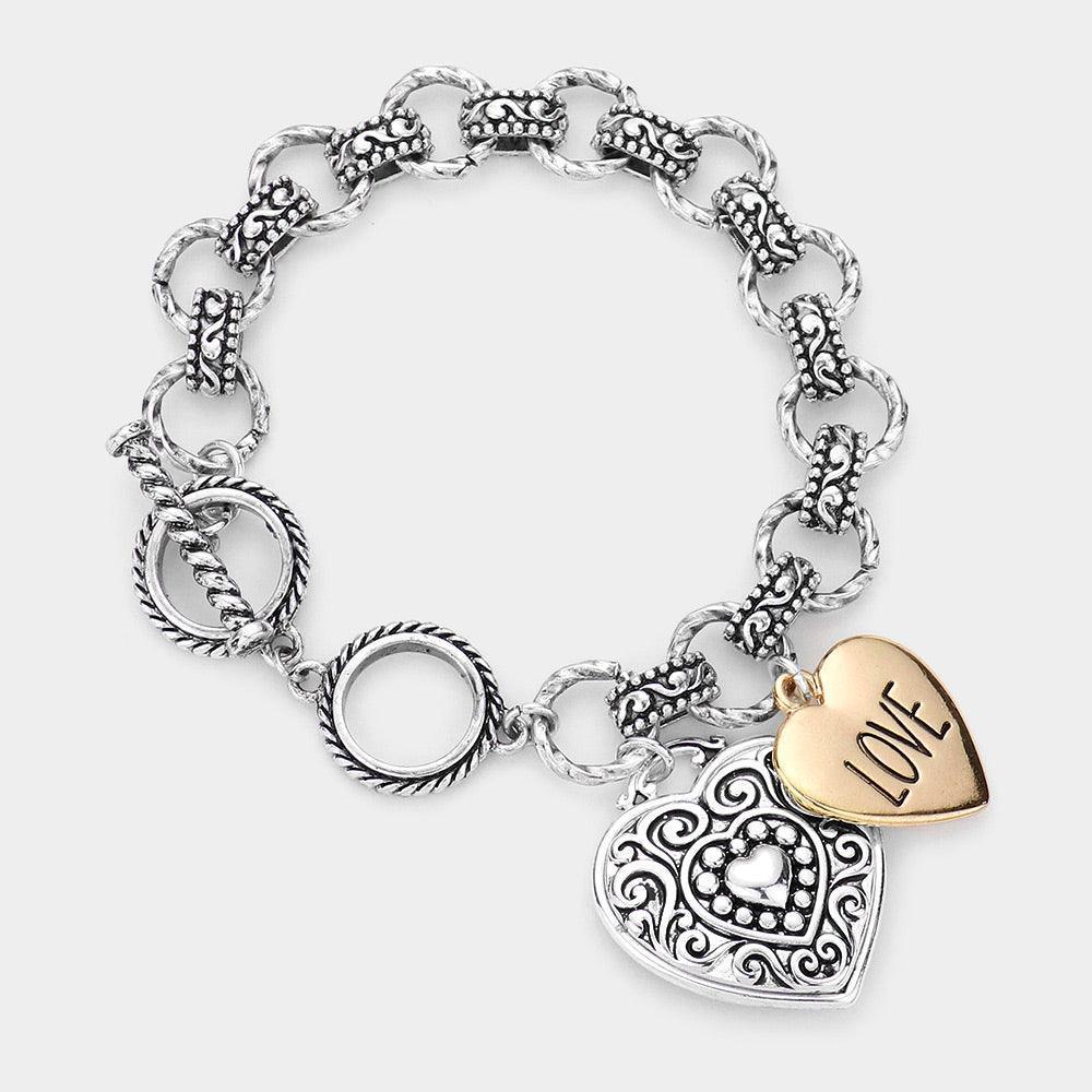 Two Tone Antique Metal Heart Charm Toggle Bracelet - Jewelry Store by Erik Rayo