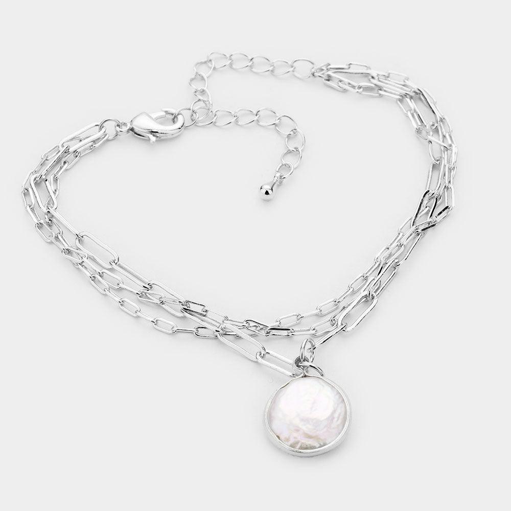 Freshwater Pearl Charm Triple Chain Layered Bracelet