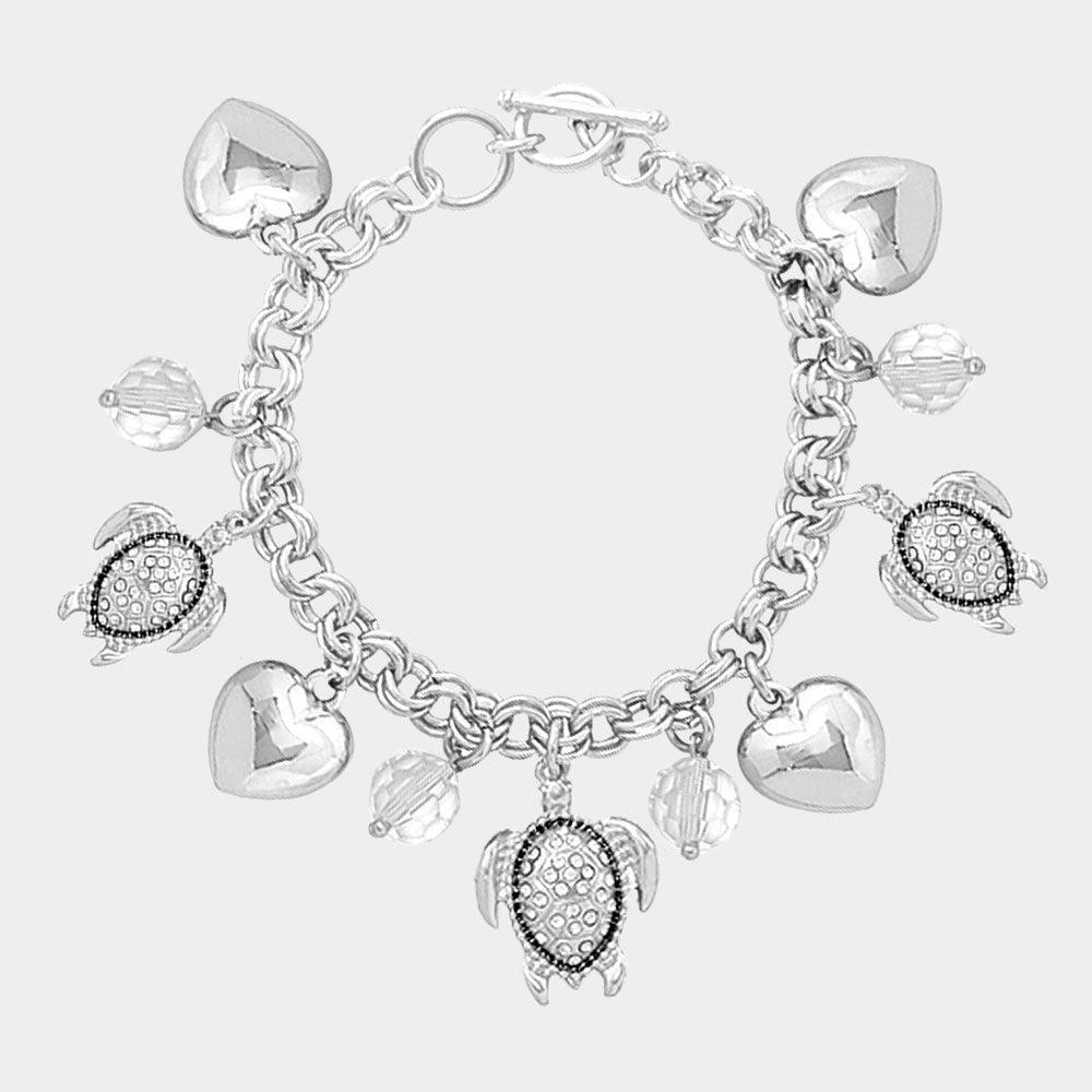 Cream Rhinestone Embellished Turtle Metal Heart Charm Station Toggle Bracelet - Jewelry Store by Erik Rayo