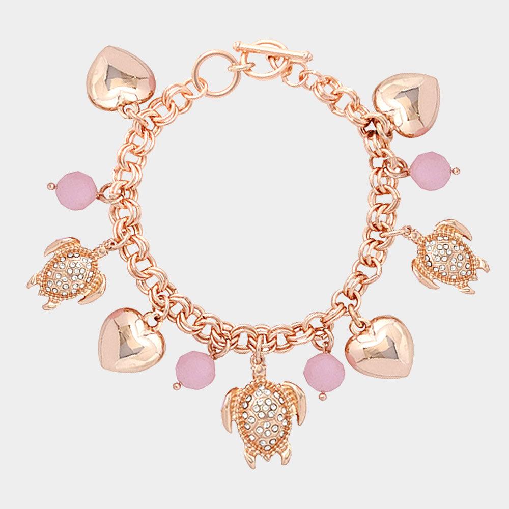 Pink Rhinestone Embellished Turtle Metal Heart Charm Station Toggle Bracelet