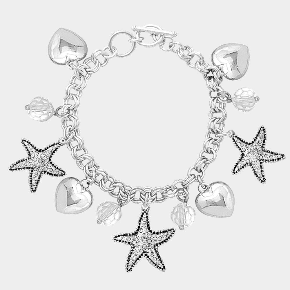 Silver Rhinestone Embellished Starfish Metal Heart Charm Station Toggle Bracelet