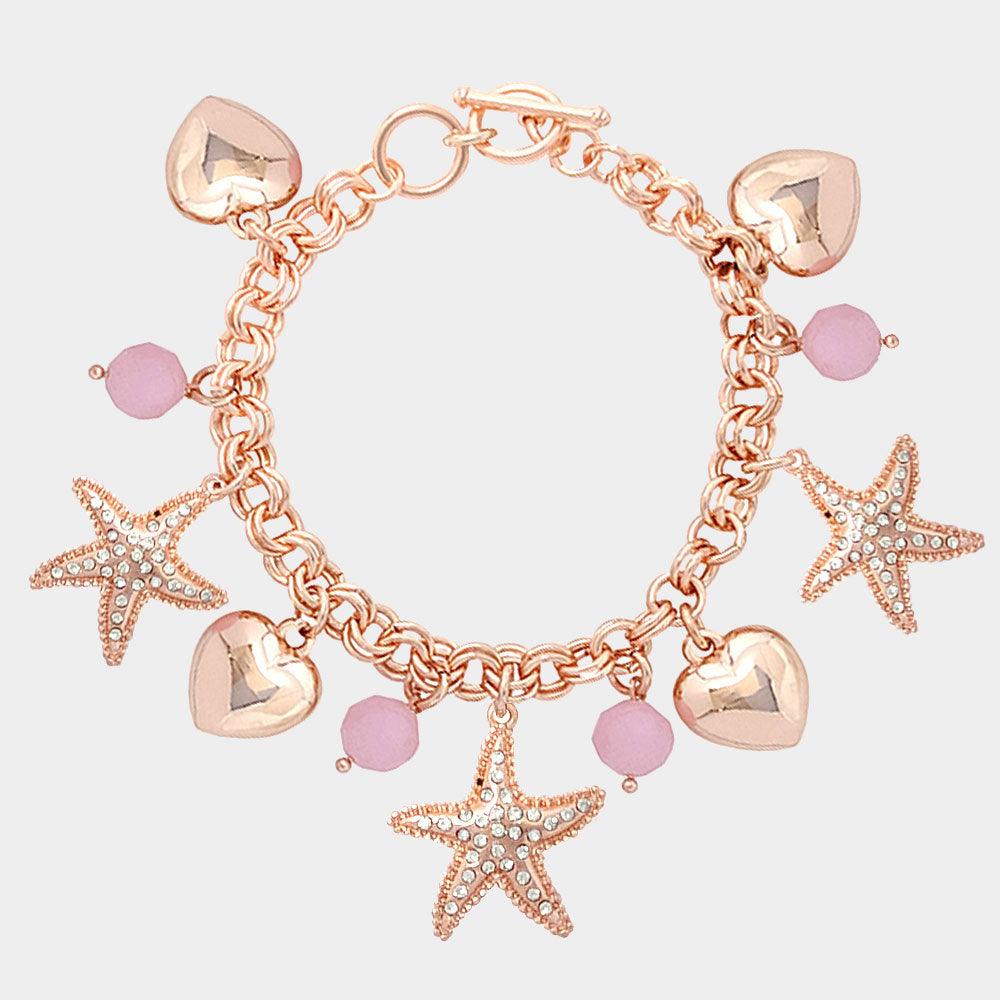 Pink Rhinestone Embellished Starfish Metal Heart Charm Station Toggle Bracelet