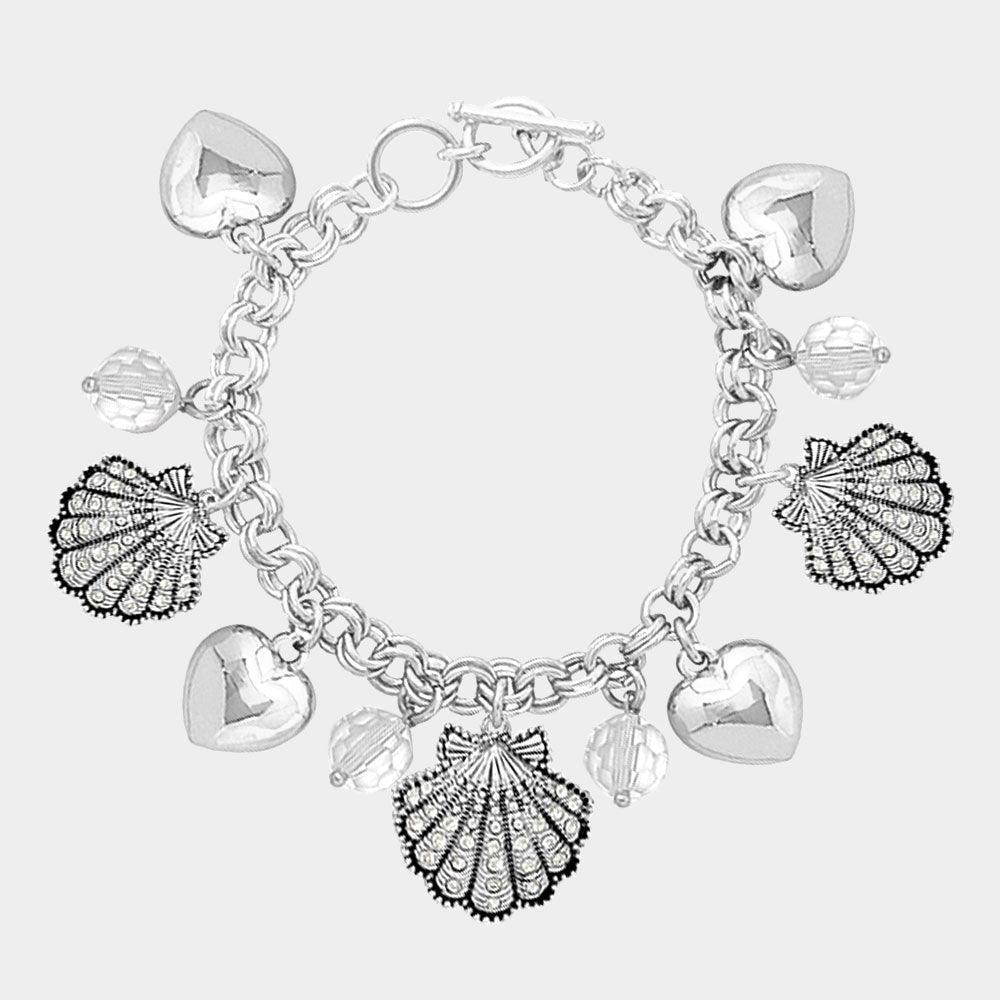 Cream Rhinestone Embellished Shell Metal Heart Charm Station Toggle Bracelet - Jewelry Store by Erik Rayo