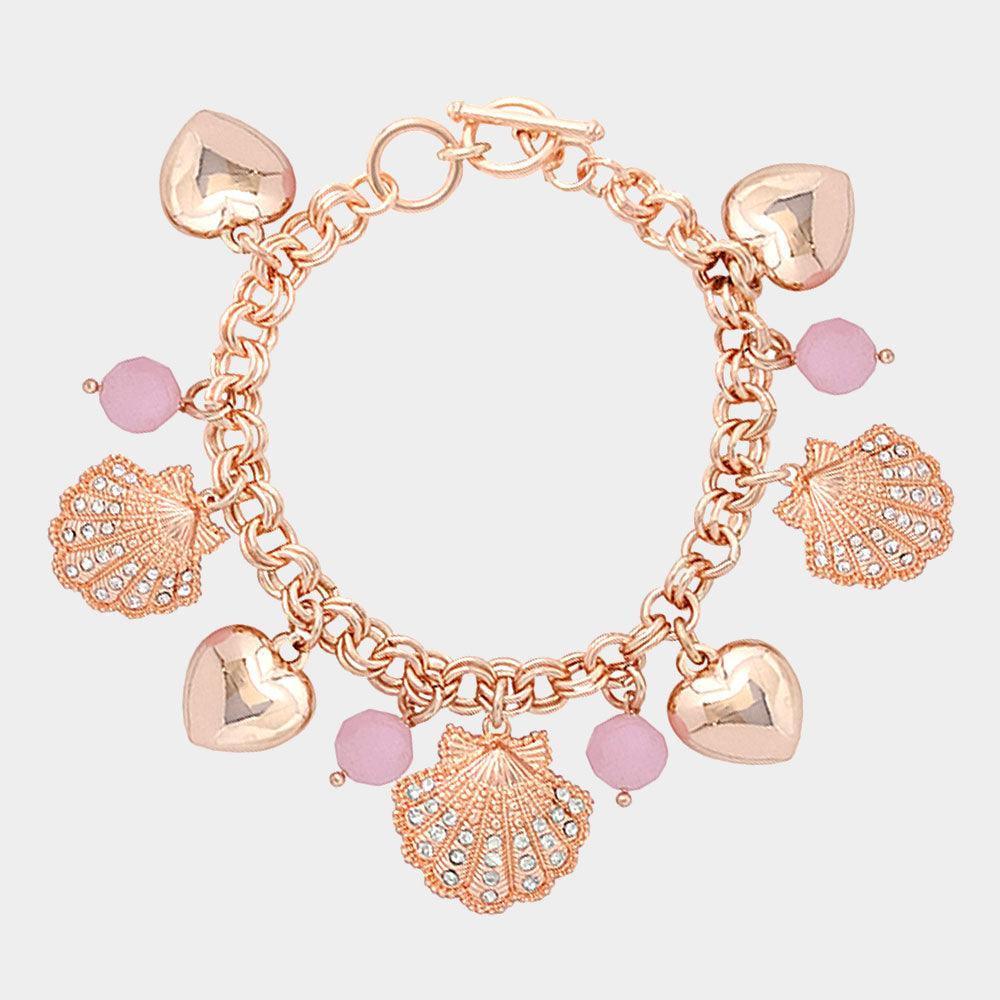 Pink Rhinestone Embellished Shell Metal Heart Charm Station Toggle Bracelet - Jewelry Store by Erik Rayo