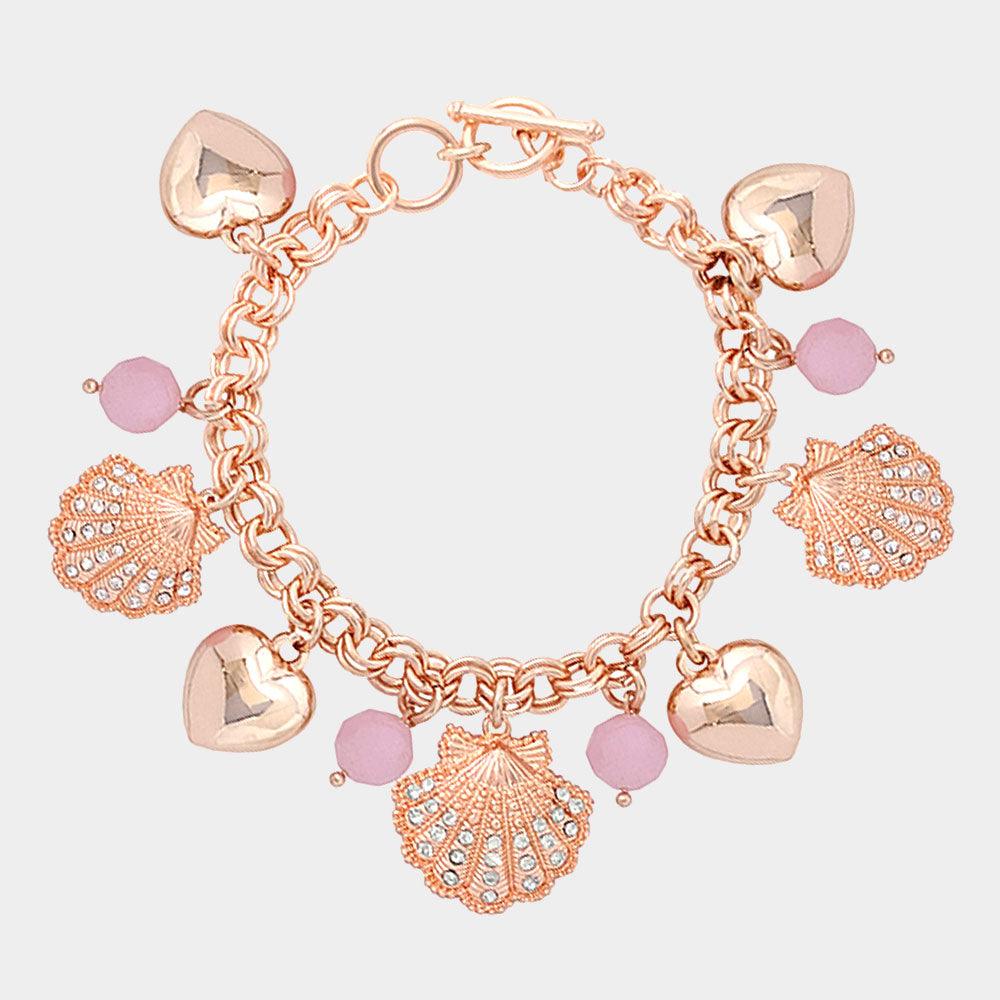 Pink Rhinestone Embellished Shell Metal Heart Charm Station Toggle Bracelet