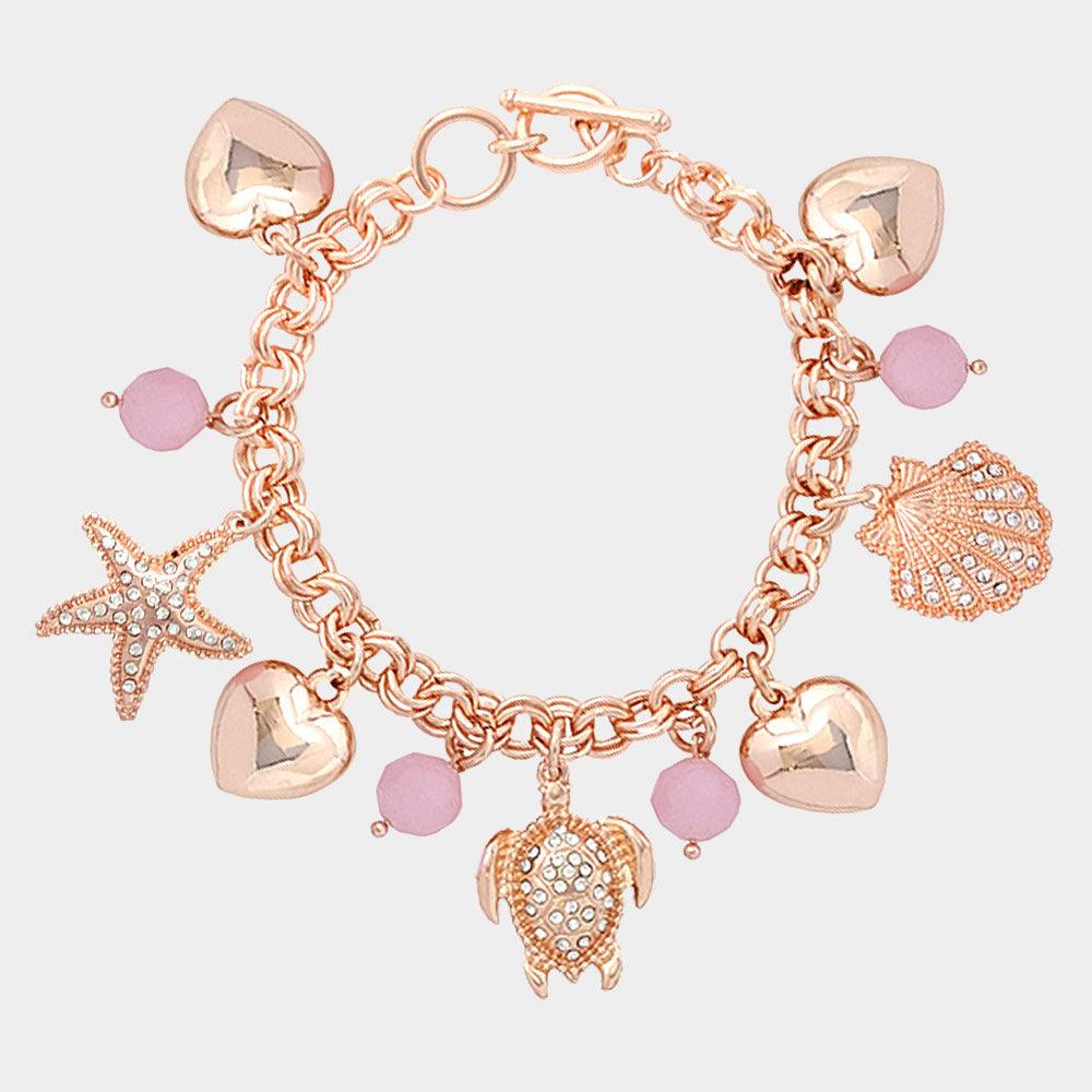 Pink Rhinestone Embellished Starfish Turtle Shell Metal Heart Charm Station Toggle Bracelet