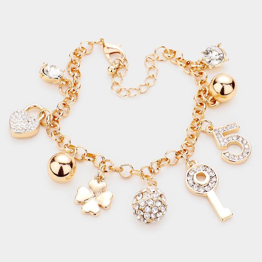 Gold Rhinestone Embellished Key Lock No. 5 Metal Clover Charm Bracelet