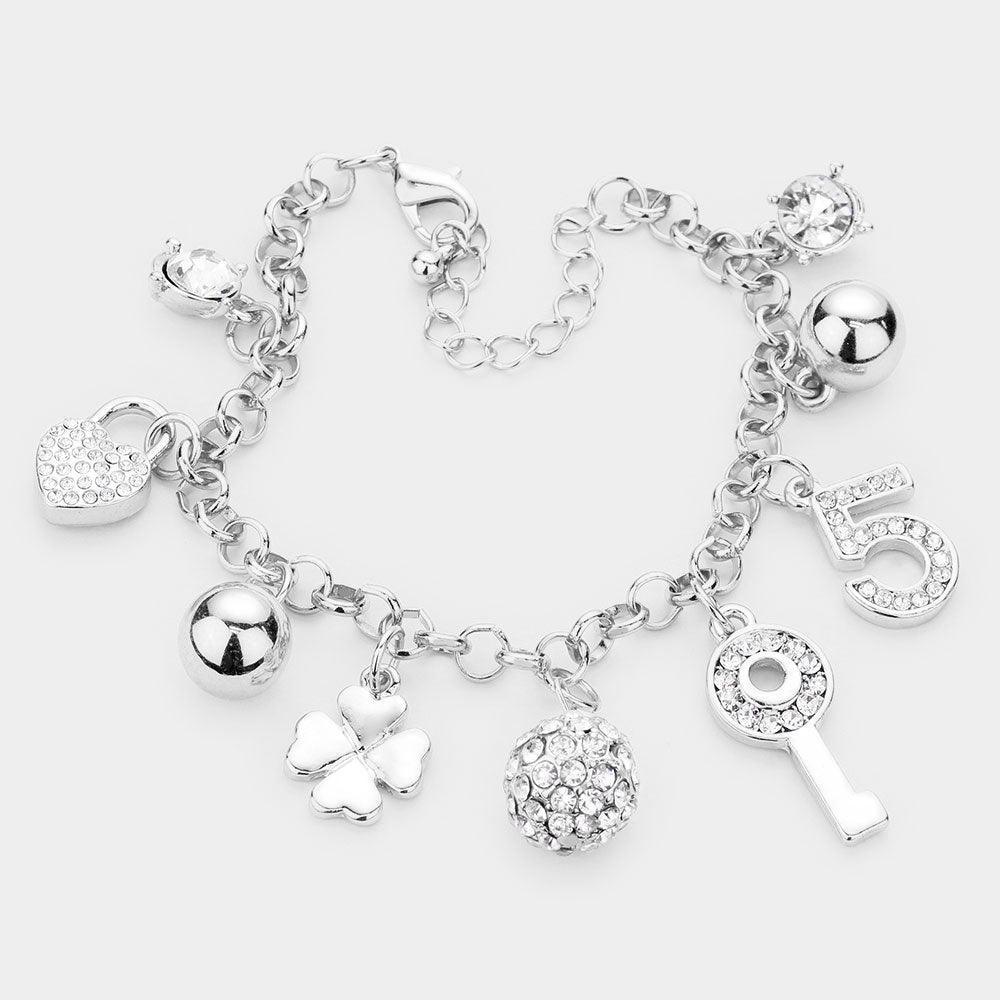 Rhinestone Embellished Key Lock No. 5 Metal Clover Charm Bracelet - Jewelry Store by Erik Rayo