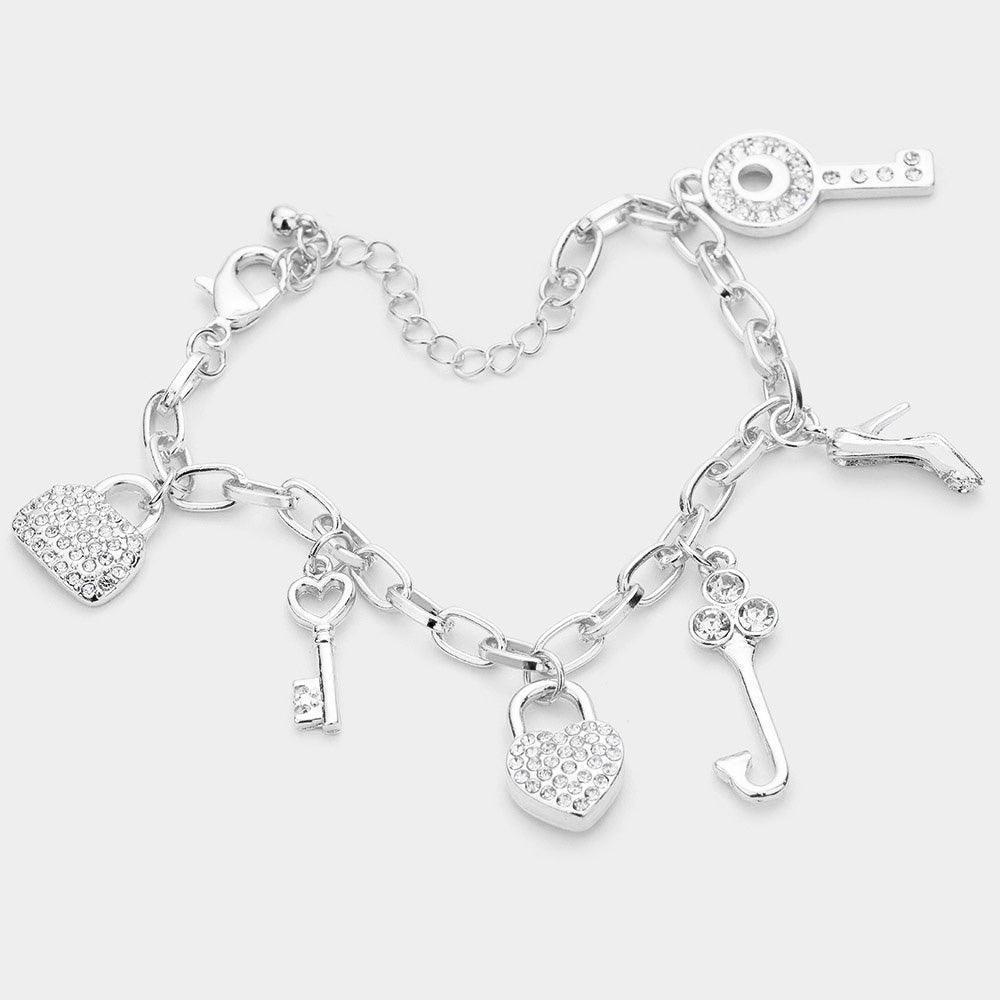 Rhinestone Embellished Key Lock Metal Stiletto Heel Charm Station Bracelet - Jewelry Store by Erik Rayo