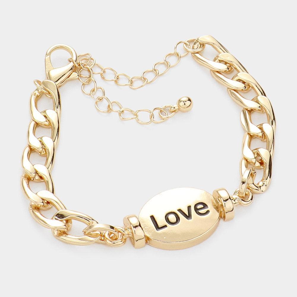 Gold LOVE Metal Oval Message Charm Bracelet - Jewelry Store by Erik Rayo