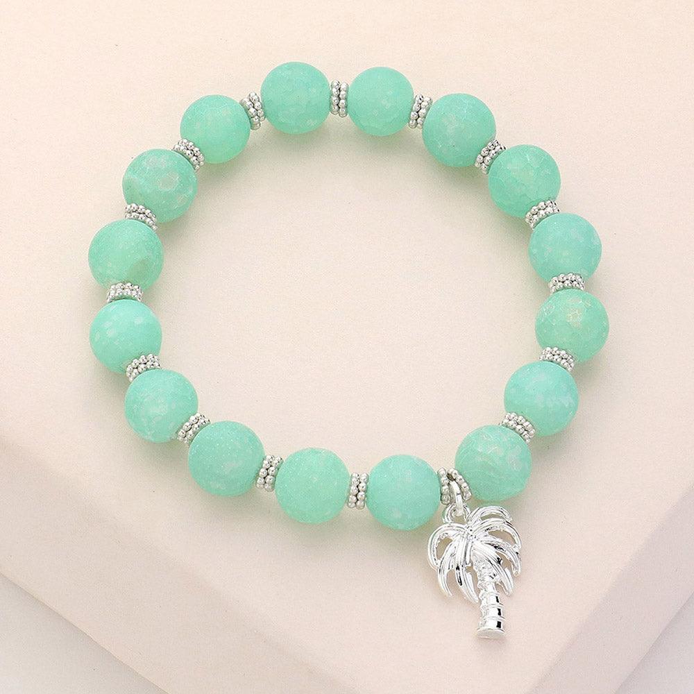 Green Palm Tree Charm Beaded Stretch Bracelet