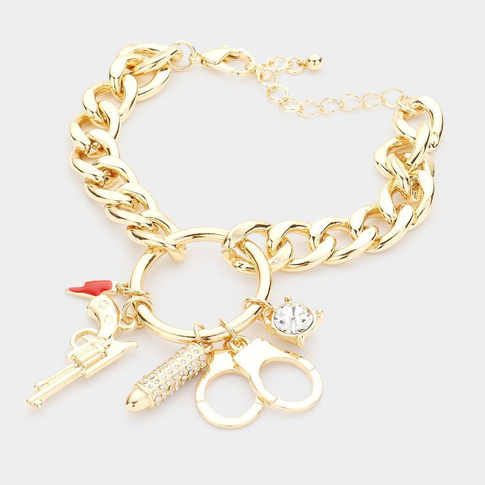 Gold Rhinestone Bullet Metal Gun Handcuffs Enamel Lightning Charm Bracelet - Jewelry Store by Erik Rayo
