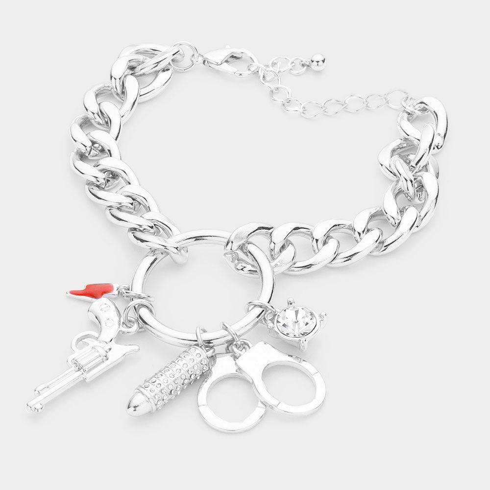 Rhinestone Bullet Metal Gun Handcuffs Enamel Lightning Charm Bracelet - Jewelry Store by Erik Rayo