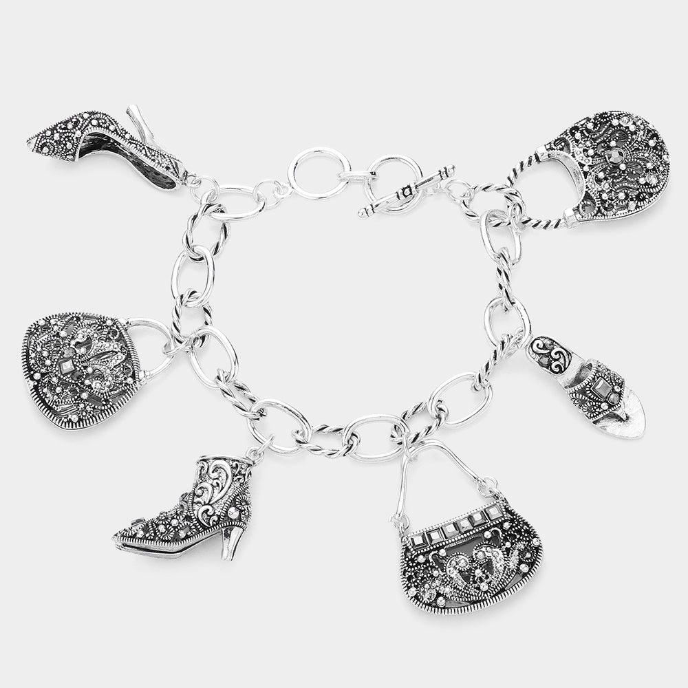 Silver Metal Shoe & Bag MultiCharm Toggle Bracelet