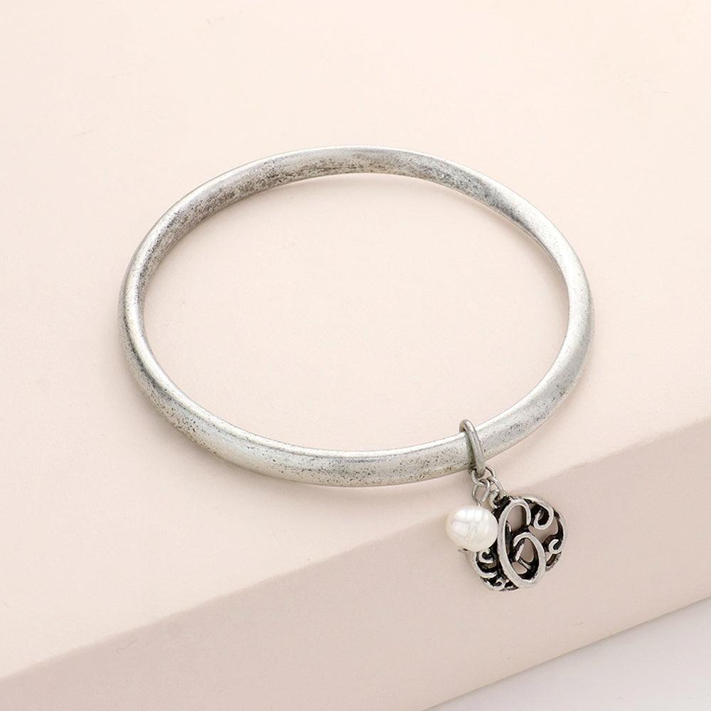 Letter C Monogram Pearl Charm Bangle Bracelet