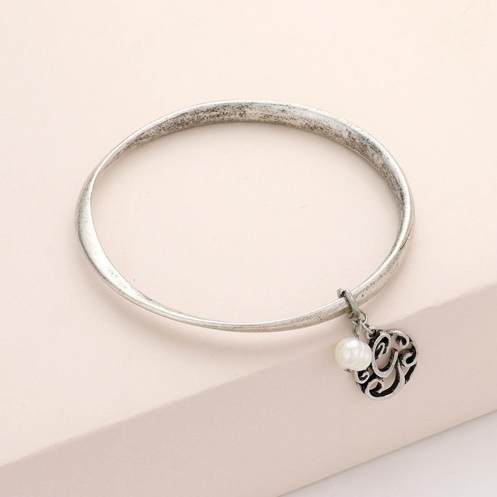 Letter G Monogram Pearl Charm Bangle Bracelet