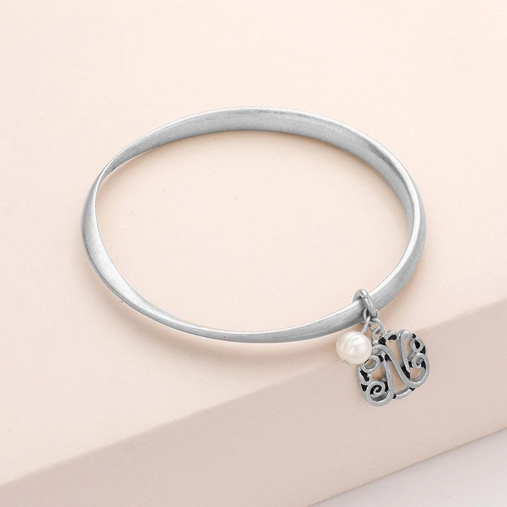 Letter N Monogram Pearl Charm Bangle Bracelet