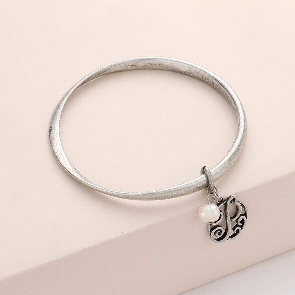 Letter P Monogram Pearl Charm Bangle Bracelet