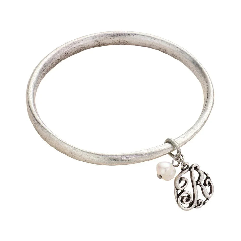 Silver R Monogram Pearl Charm Bangle Bracelet - Jewelry Store by Erik Rayo