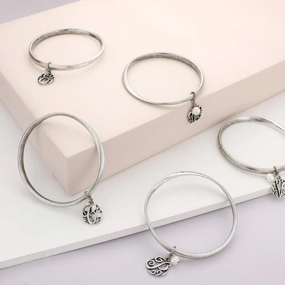 Silver R Monogram Pearl Charm Bangle Bracelet - Jewelry Store by Erik Rayo