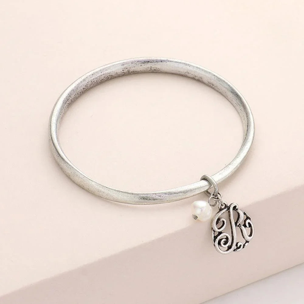 Silver R Monogram Pearl Charm Bangle Bracelet - Jewelry Store by Erik Rayo