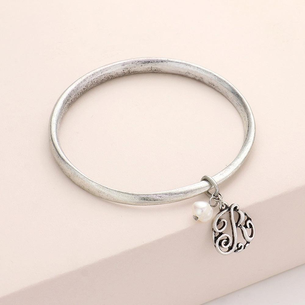 Silver R Monogram Pearl Charm Bangle Bracelet