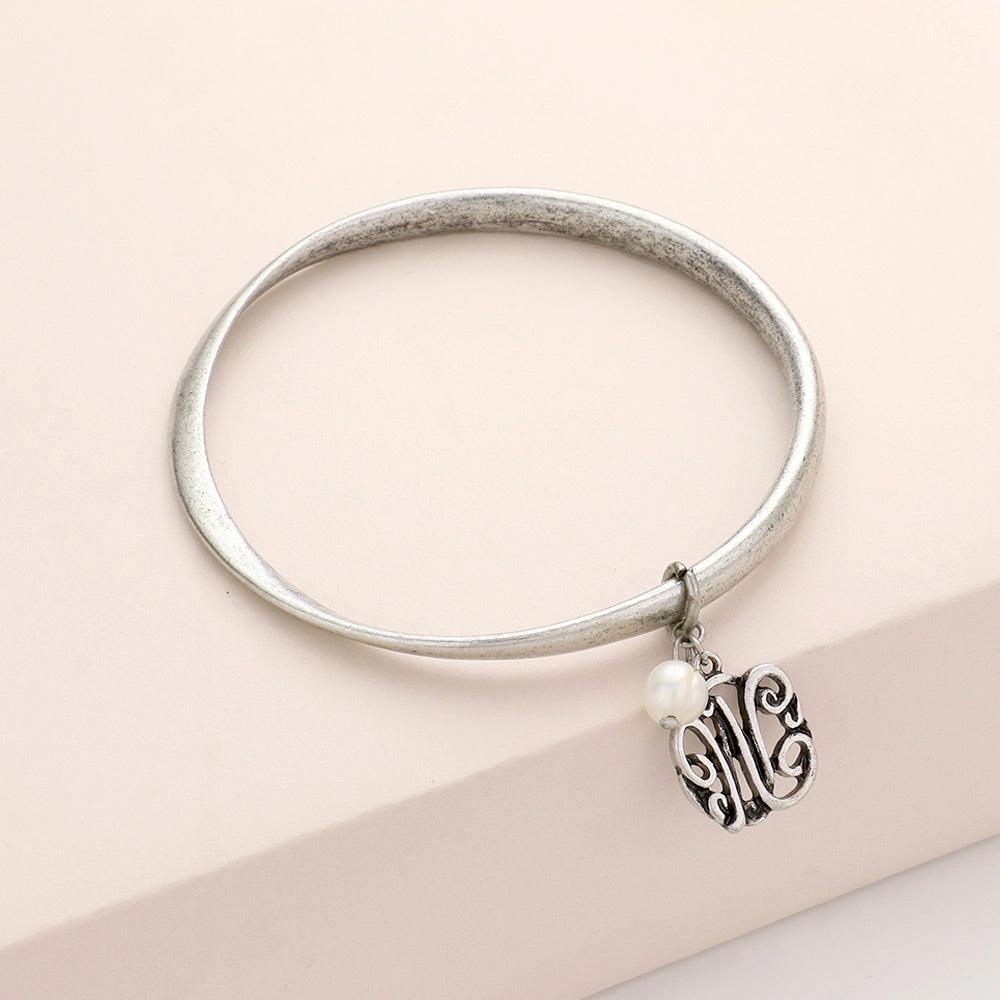 Letter W Monogram Pearl Charm Bangle Bracelet